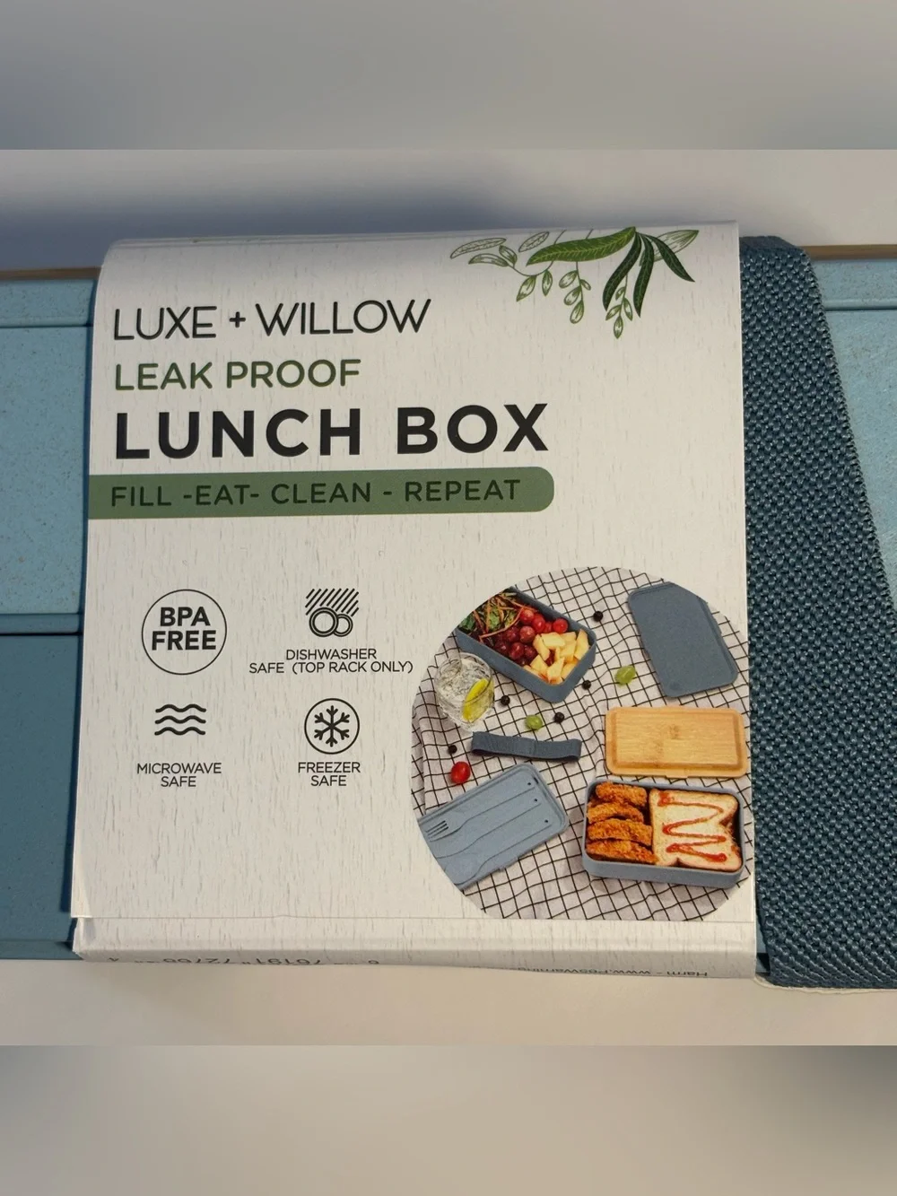 NWT Bento Box Nesting Lunch Box 2 Tier Leak Proof Cutlery Blue Bamboo Lid